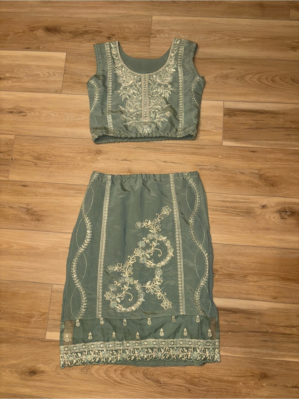 Embroidered Two-Piece Crop Top and Skirt Set Sage Green high Slit